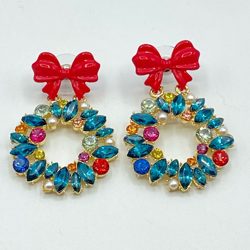 Gold Tone Christmas Wreath Earrings Multicolored Marquise Rhinestone Bow Holiday